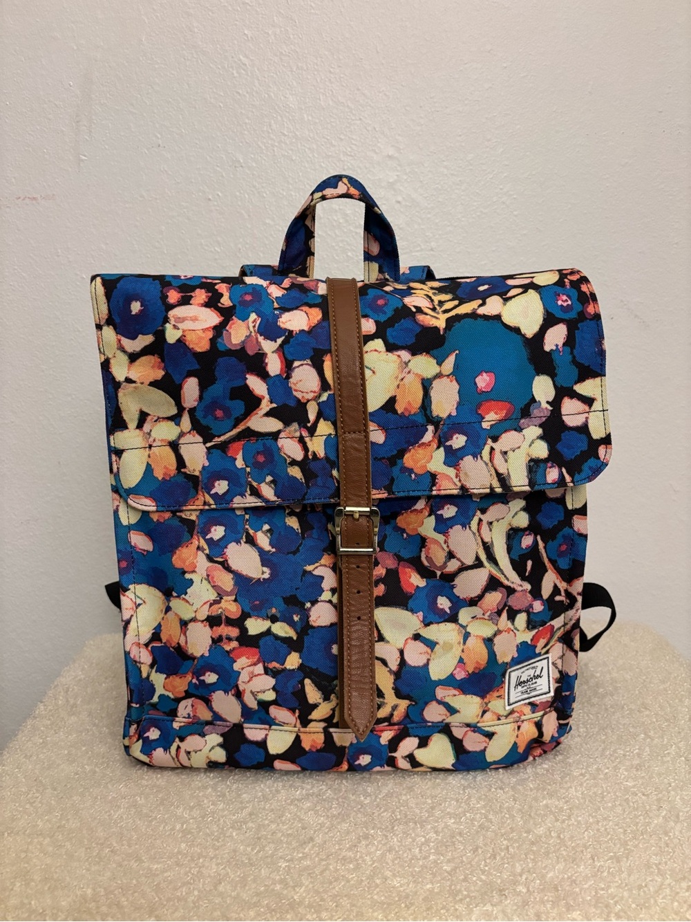 Floral Canvas Backpack with Brown Strap - Blue Multi